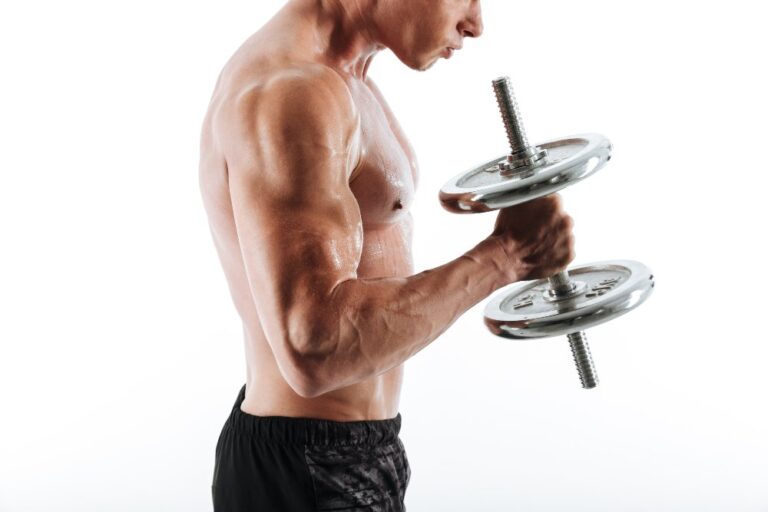 Cropped photo of sweaty bodybuilder lifting dumbbell, isolated on white background