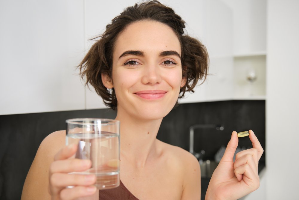Dietry supplements and healthy lifestyle. Young woman taking vitamin C, D omega-3 with glass of water, standing in activewear, drinking after workout training in her kitchen.